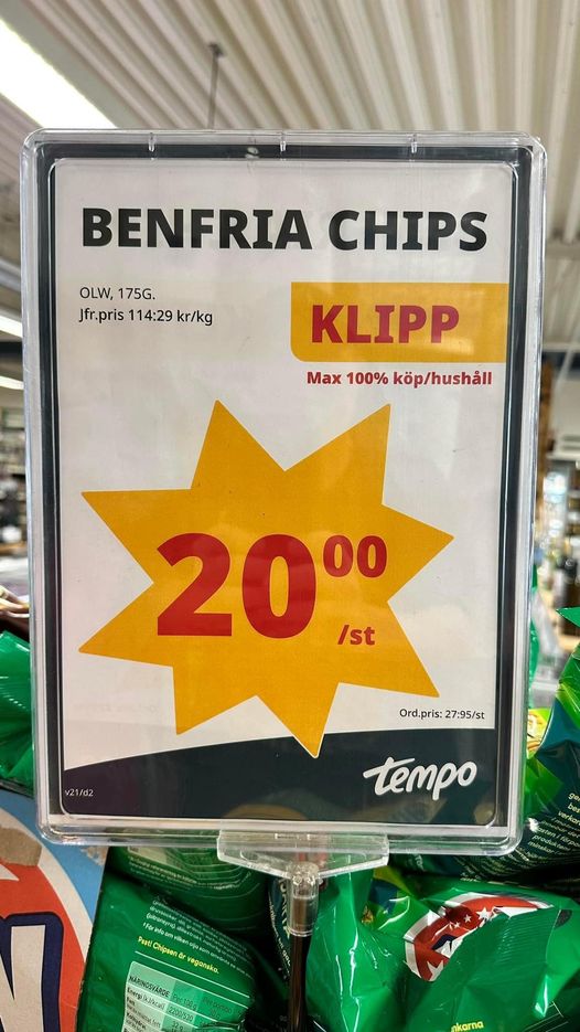 Benfria chips rolig skylt